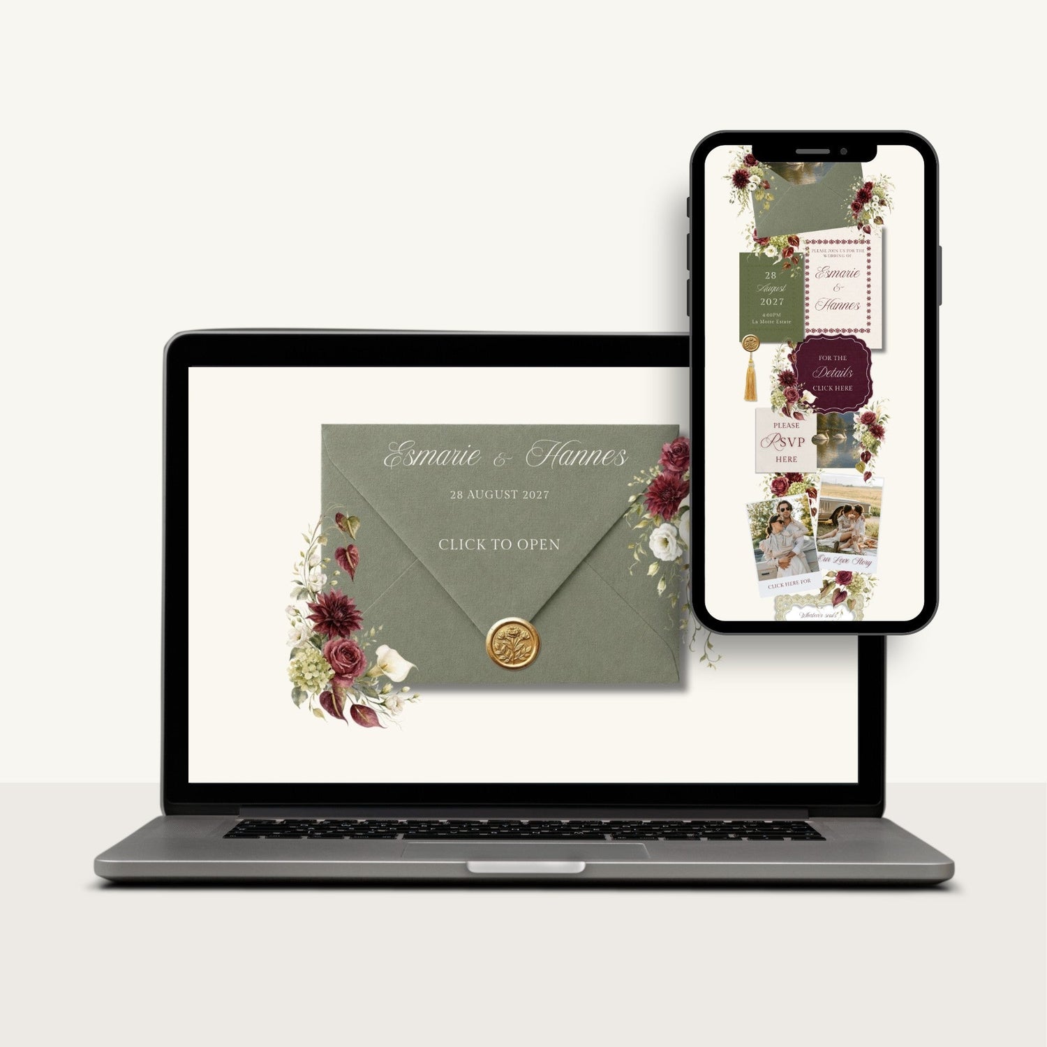 Laptop and smartphone displaying wedding invitation designs with floral elements on a white background