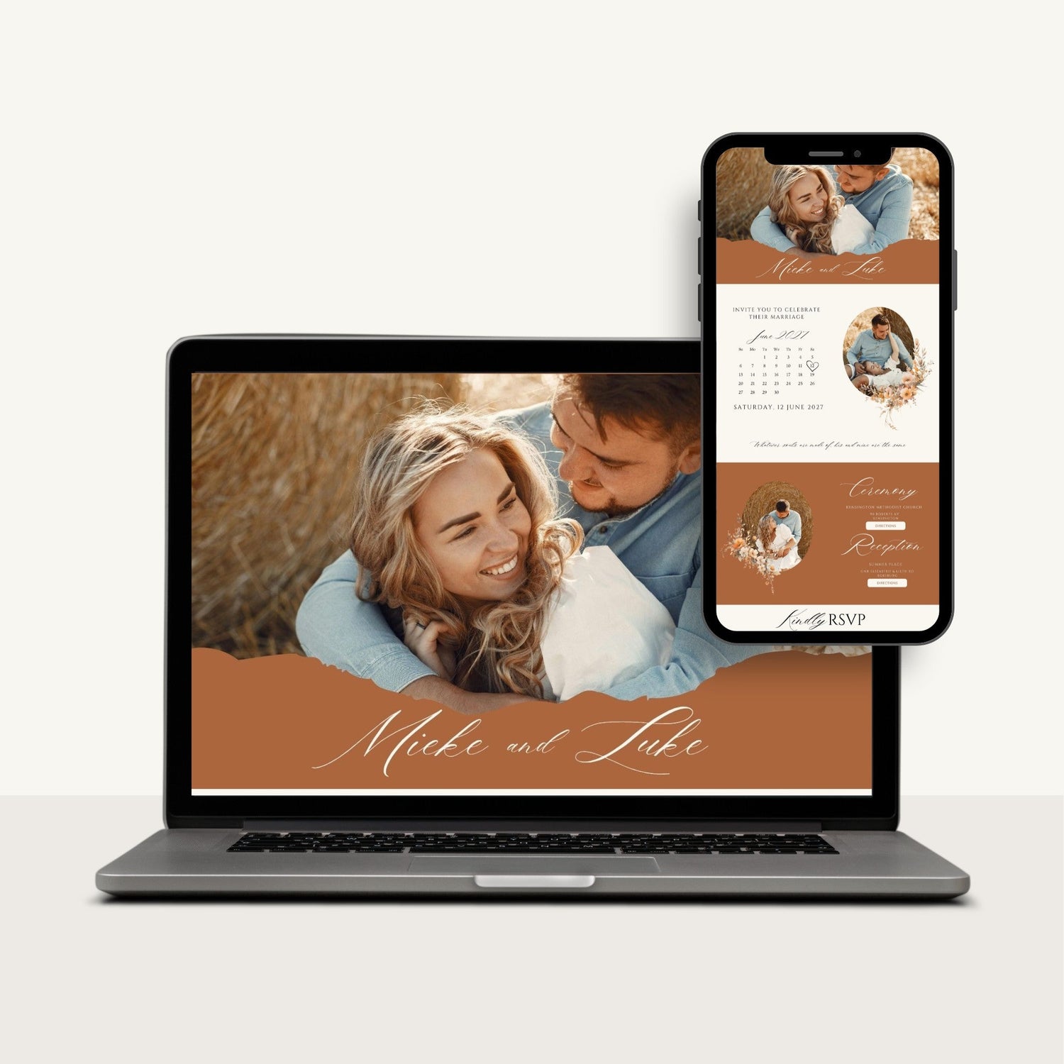 Laptop and smartphone displaying a wedding invitation website with a couple's photo on a white background