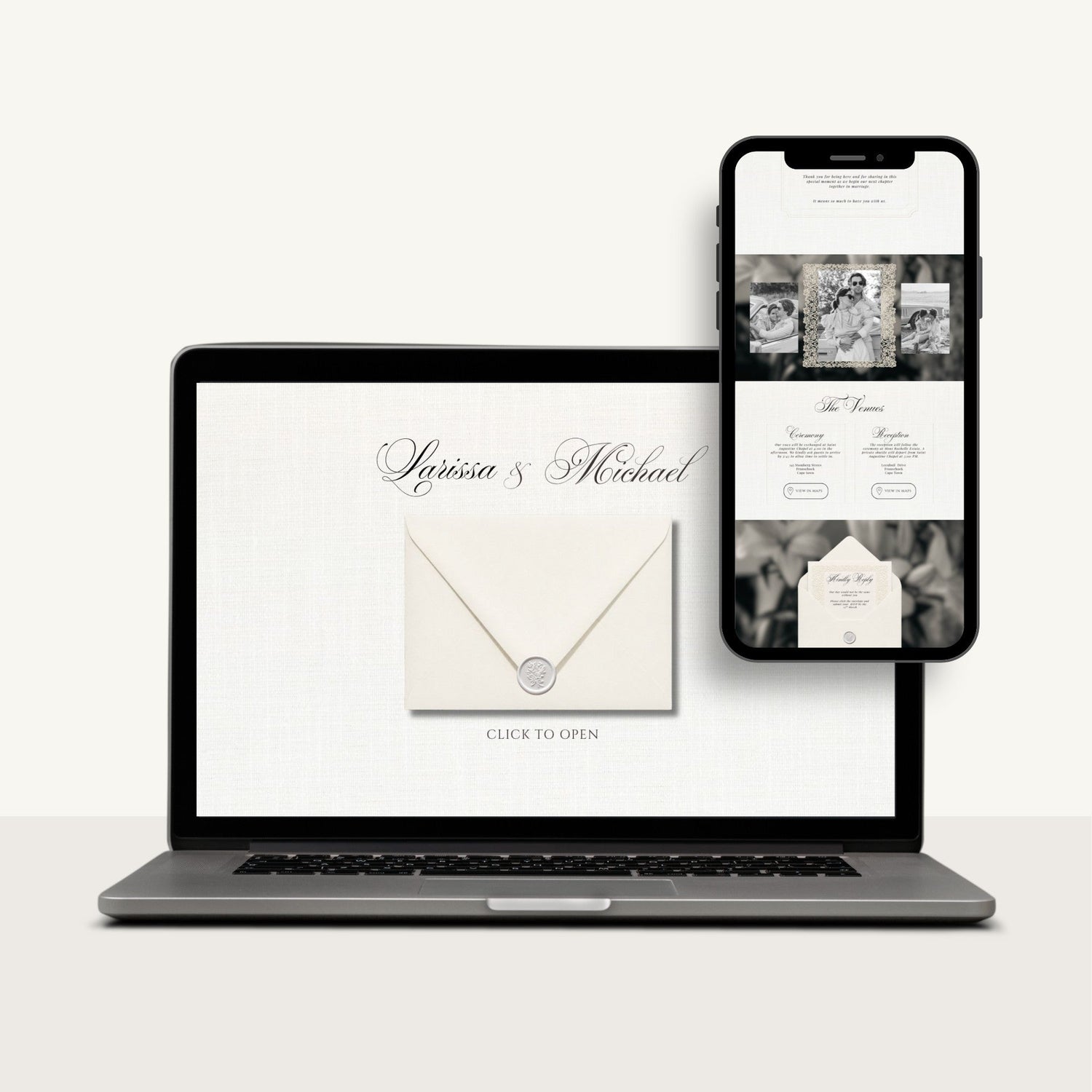 Laptop and smartphone displaying wedding invitation designs on a white background