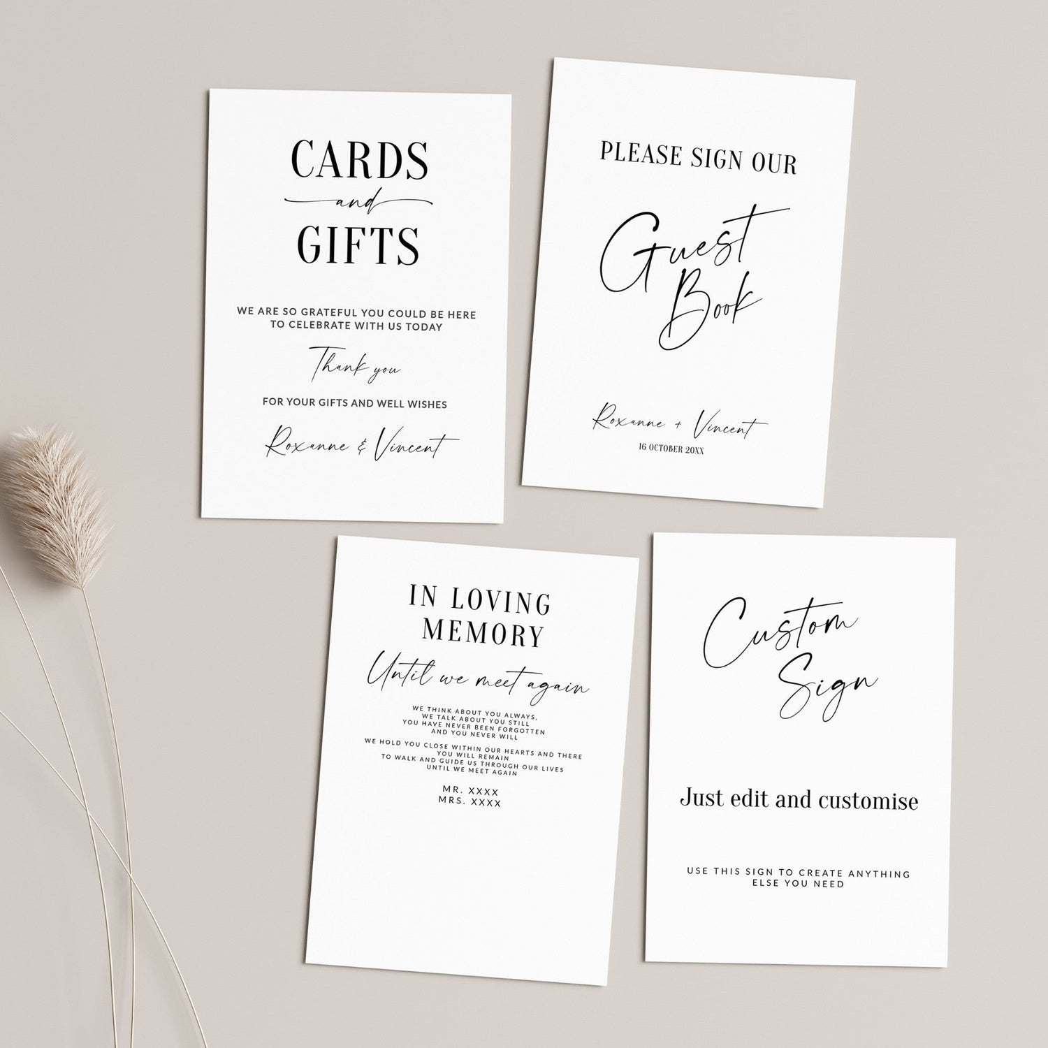 Four white wedding stationery cards with elegant black typography, arranged on a light beige background with a dried grass stem. The cards include 'Cards and Gifts', 'Please Sign Our Guest Book', 'In Loving Memory Until we part again', and 'Custom Sign'.