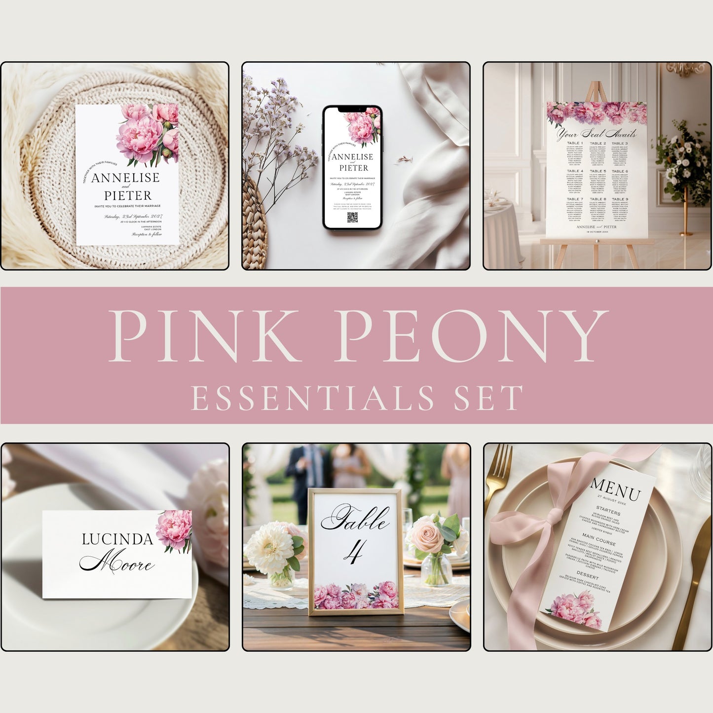 Pink Peony Wedding Stationery Essentials Set