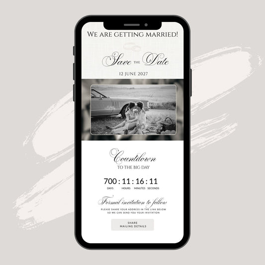 A smartphone mockup centered on a light warm-gray background, displaying a wedding save-the-date invitation design with black text, a black-and-white photo of a couple, and countdown details.