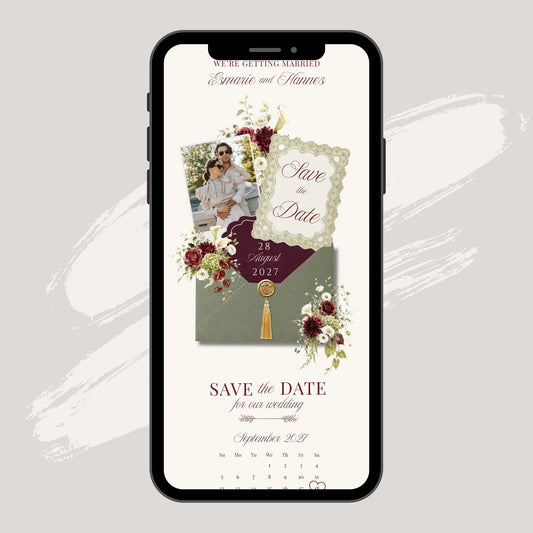 Burgundy Olive Wedding Save the Date Template