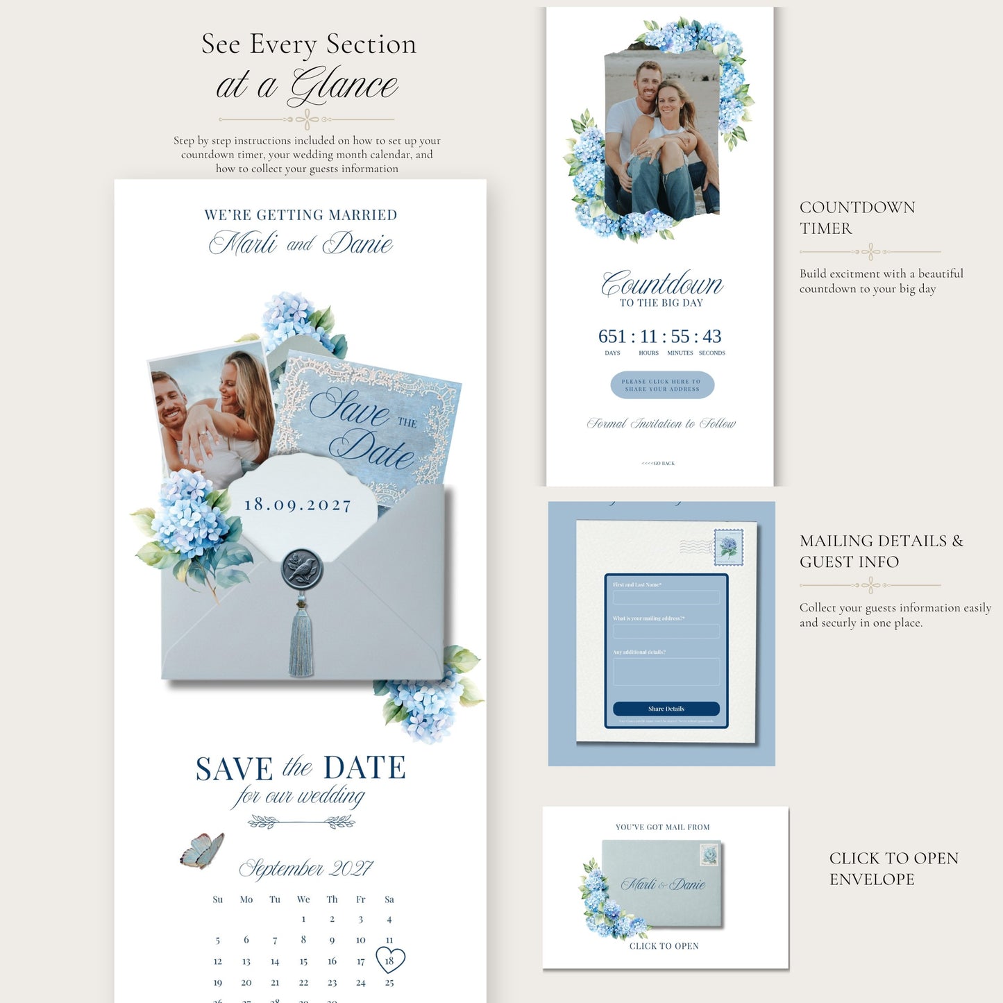 Blue Hydrangea Wedding Save the Date Template
