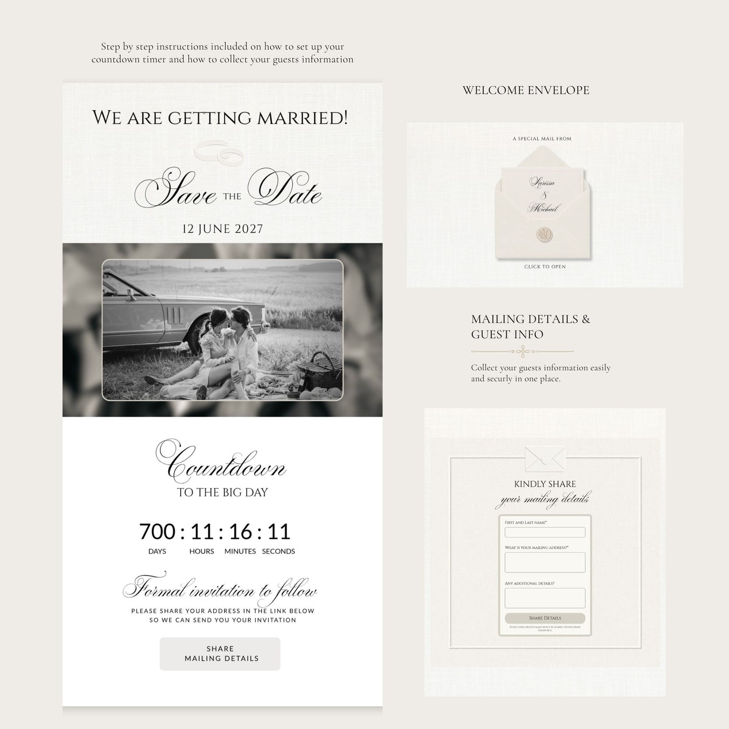 A wedding stationery mockup layout showing a 'Save the Date' card, a welcome envelope, mailing details panel, and a guest information card on a light beige background.