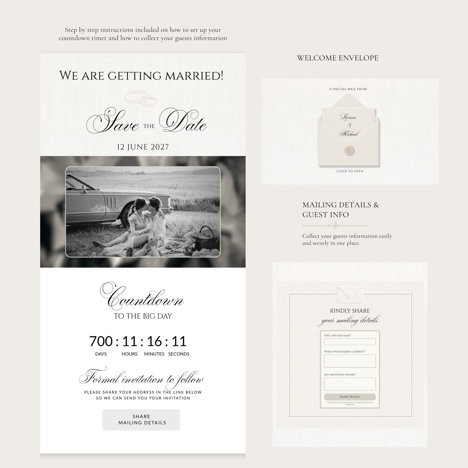 A wedding stationery mockup layout showing a 'Save the Date' card, a welcome envelope, mailing details panel, and a guest information card on a light beige background.