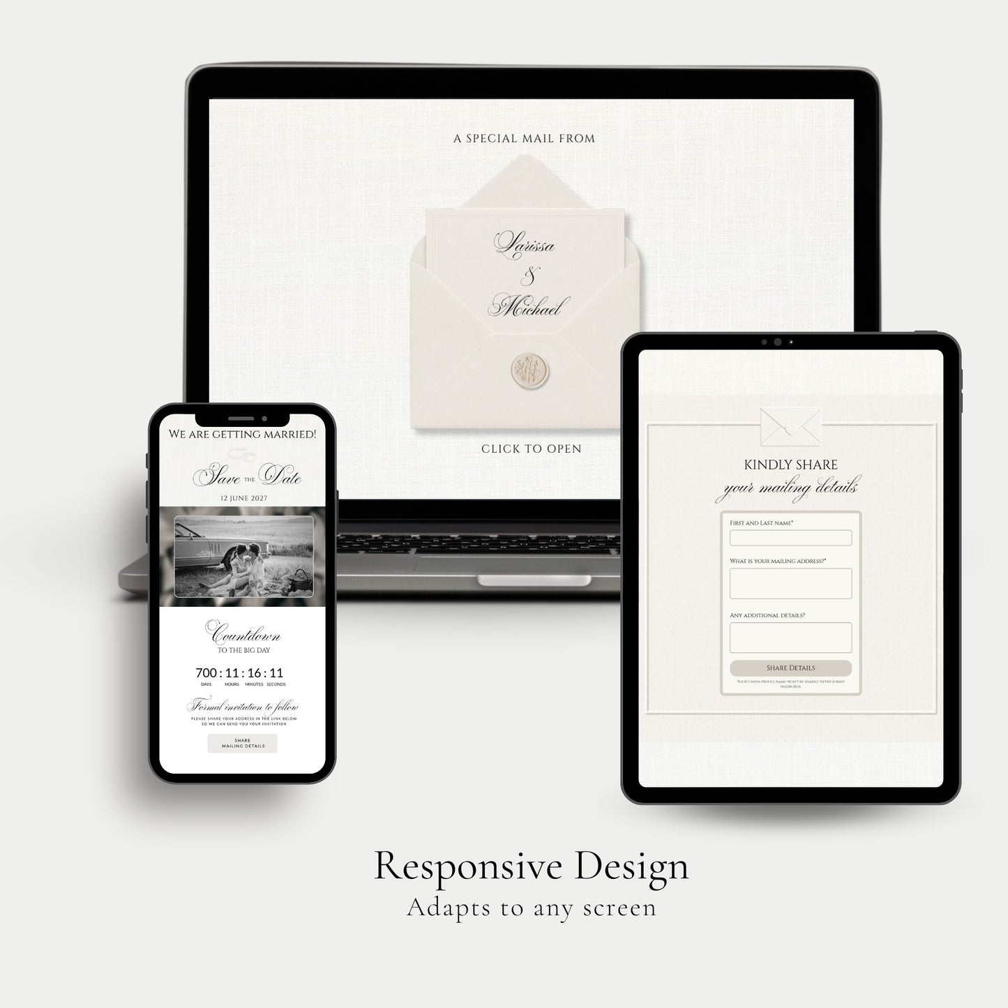 A digital mockup showing a wedding invitation design displayed across three devices: a laptop, a smartphone, and a tablet. The invitation design features a cream envelope and card with elegant script text, presented on a clean white background 