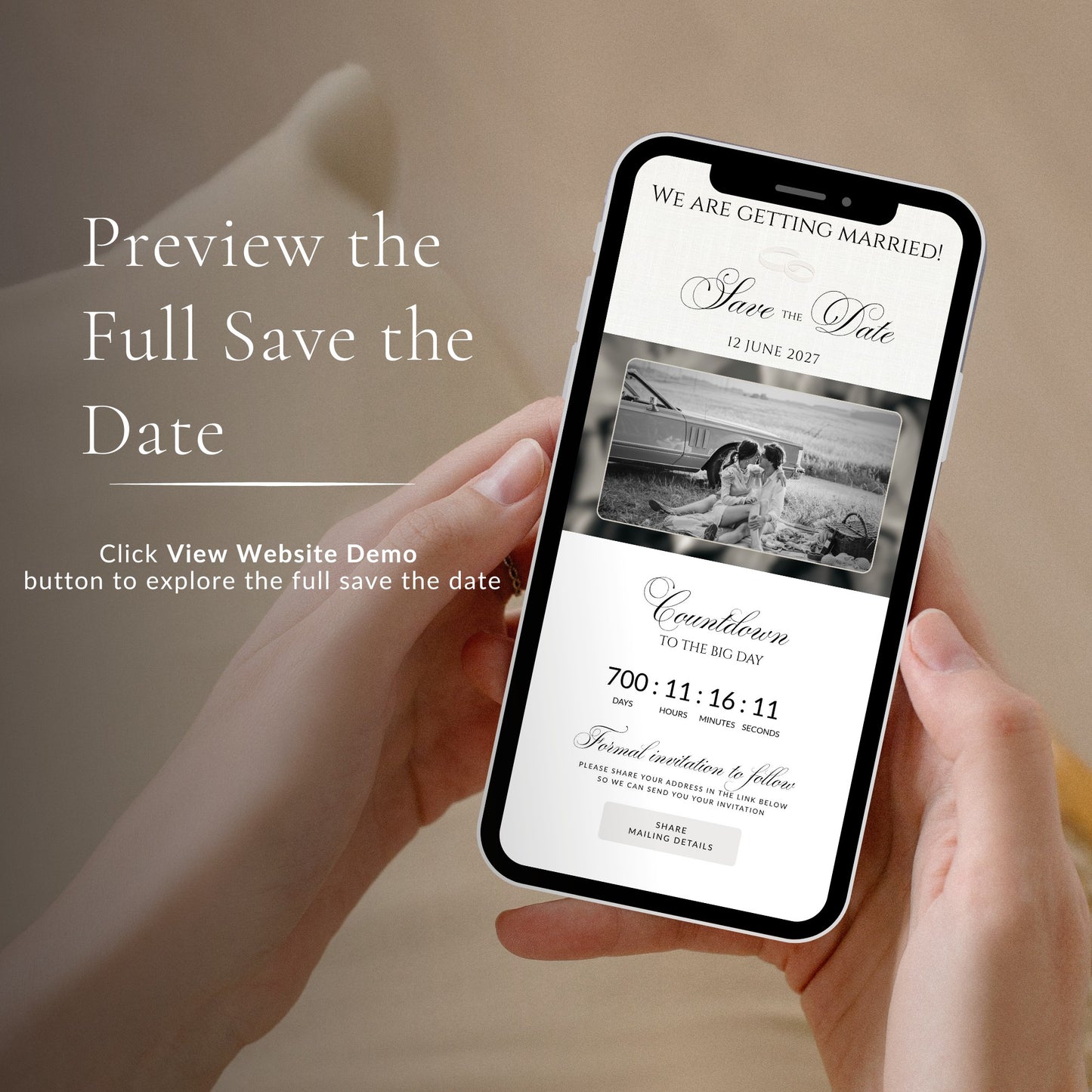 A person holds a smartphone showing a wedding save-the-date website preview. The phone screen displays elegant black-and-white event text and a black-and-white photo of a couple by a car, with the headline 'We Are Getting Married! 