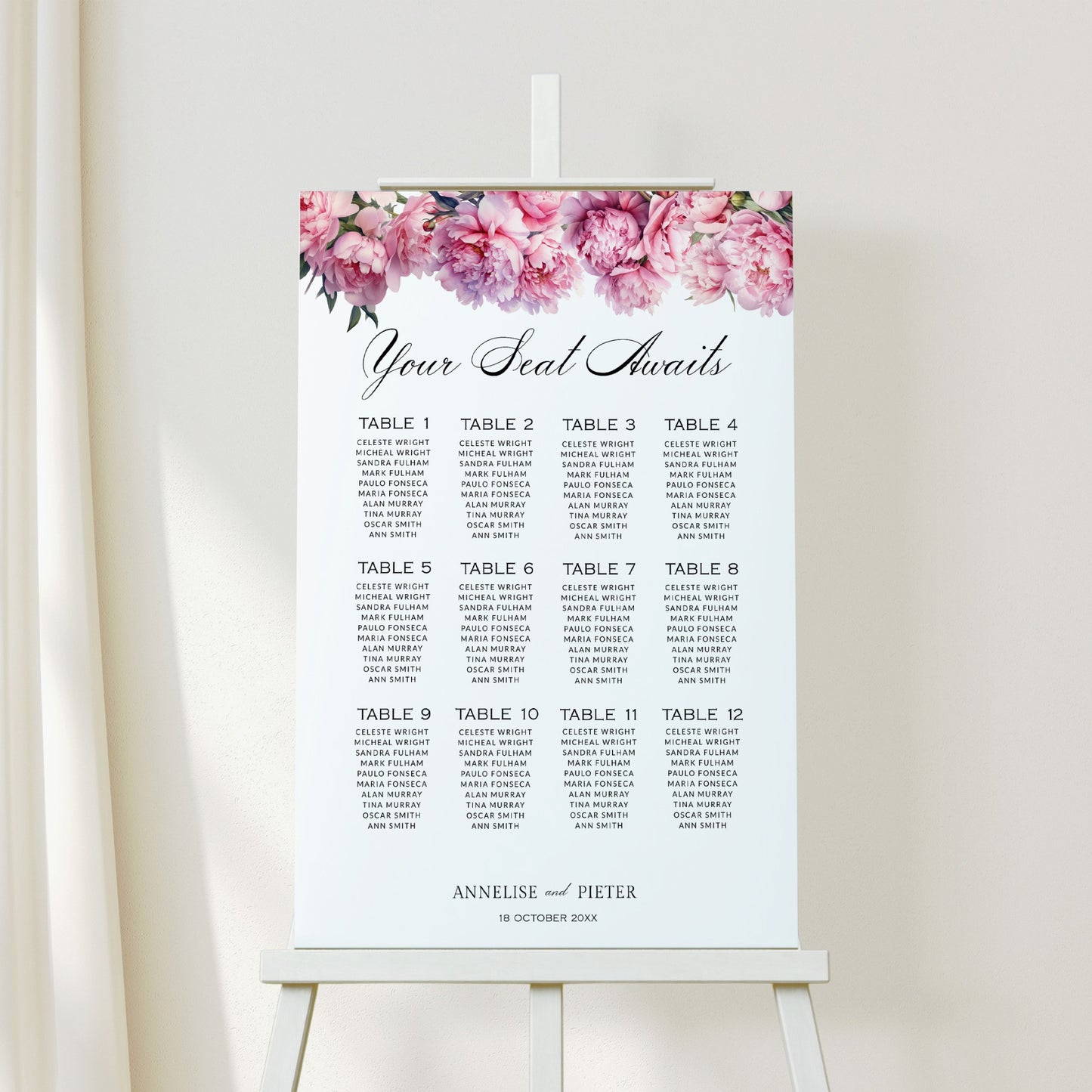 Pink Peony Seating Chart Template