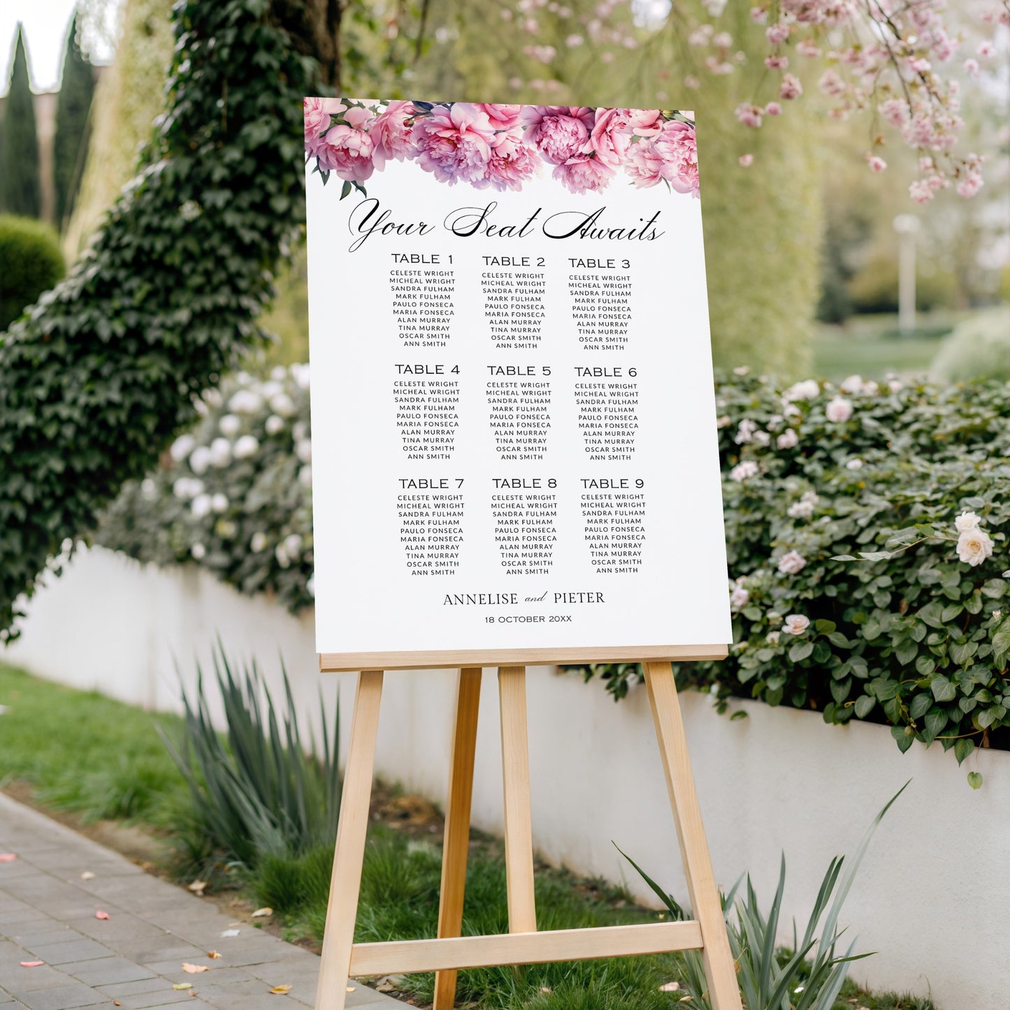 Pink Peony Seating Chart Template