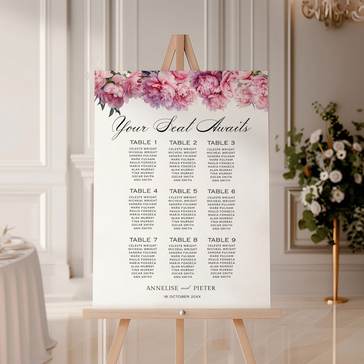Pink Peony Seating Chart Template