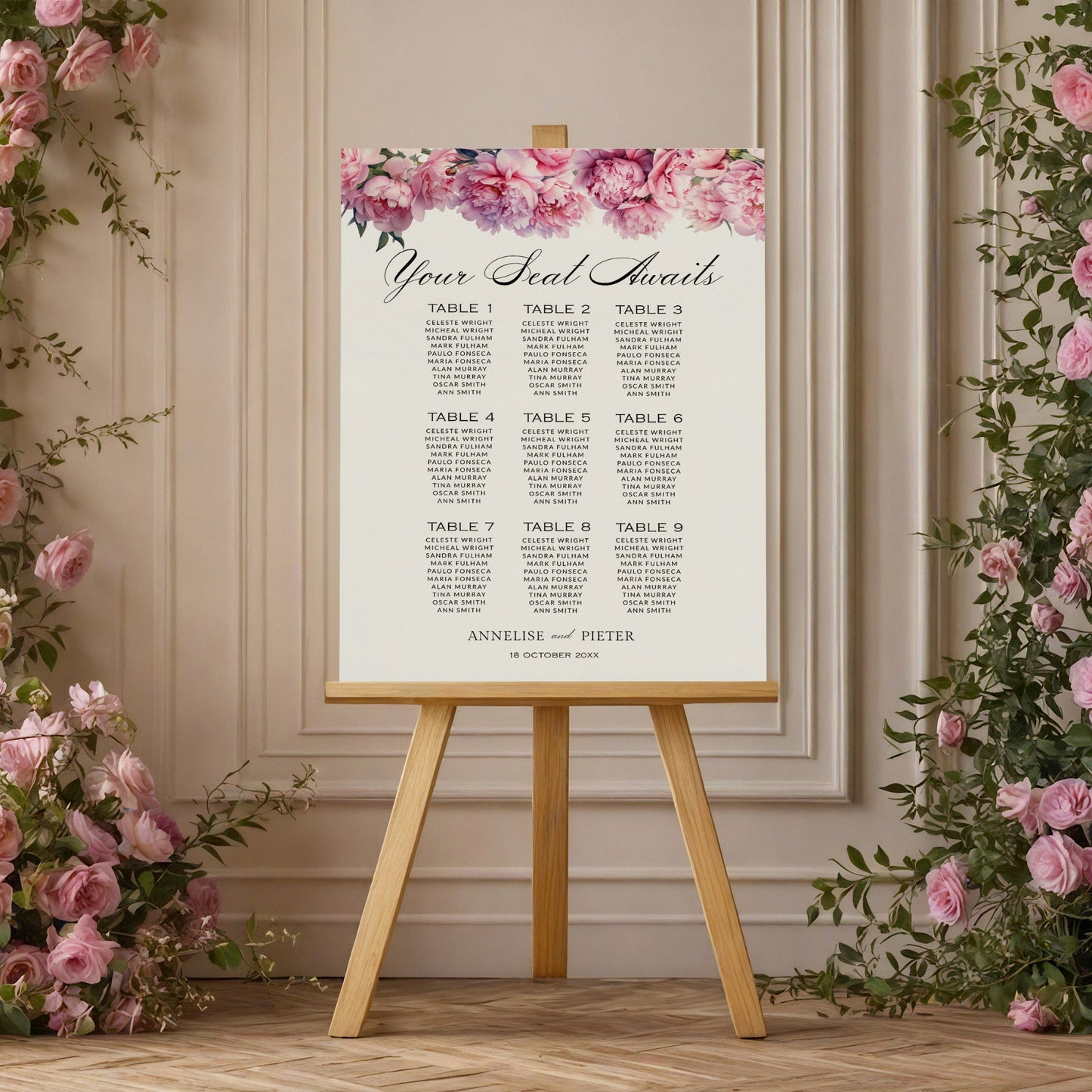Pink Peony Seating Chart Template