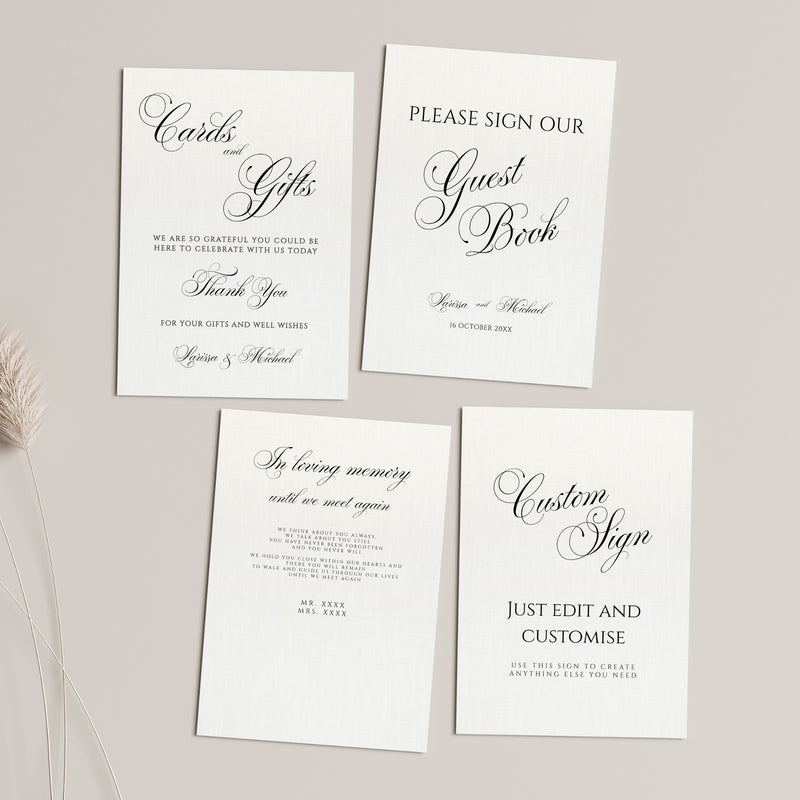 Four white wedding DIY stationery cards with elegant black script and serif text